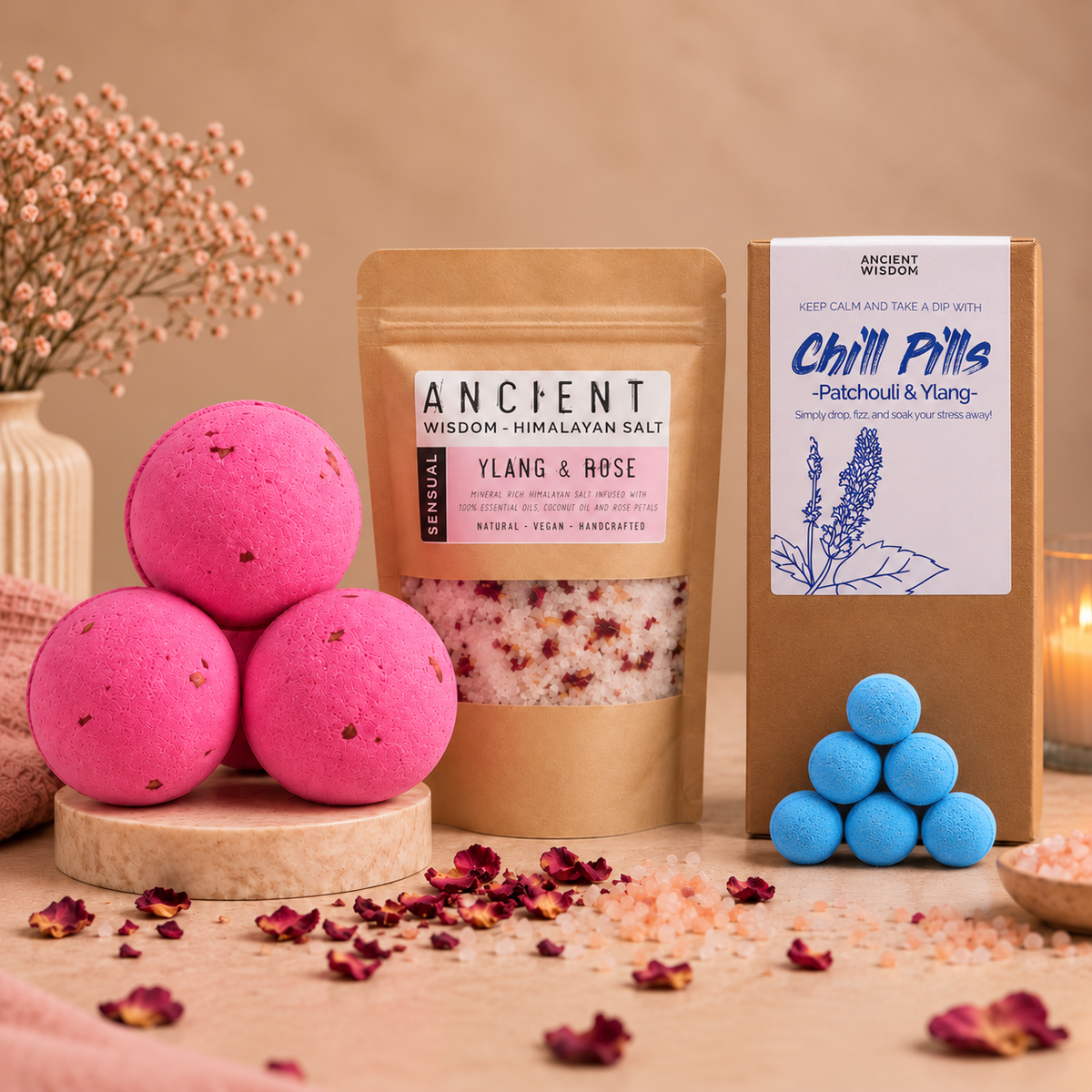 Luxury Bath Ritual giftset met roze badbommen, badzout en Ylang & Patchouli Chill Pills